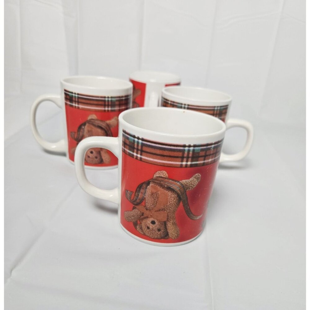Set Of 4 Teddy Bears With Plaid Wrapping Paper Coffee Tea Mugs - Picture 3 of 5